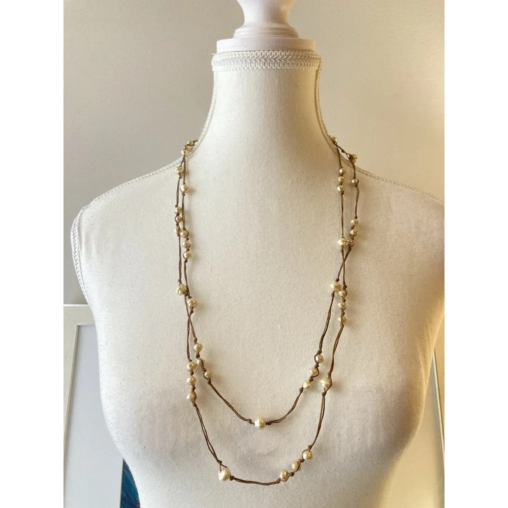 Layered Faux Pearl Cord Necklace Cream & Earthy Brown Cord Long‎ Boho  Romantic